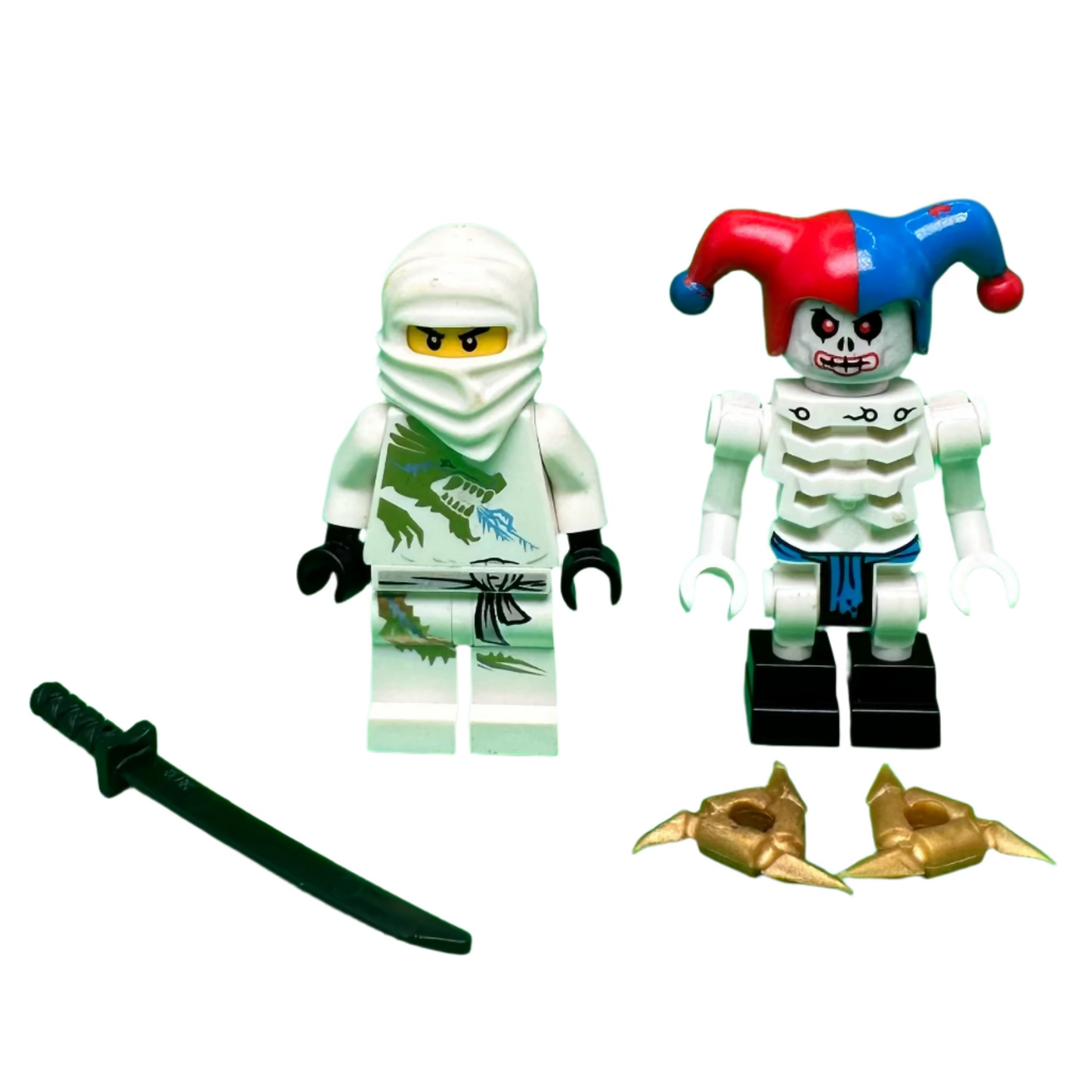 Two LEGO minifigures, one dressed as a ninja and the other as a jester with a sword and shoes.
