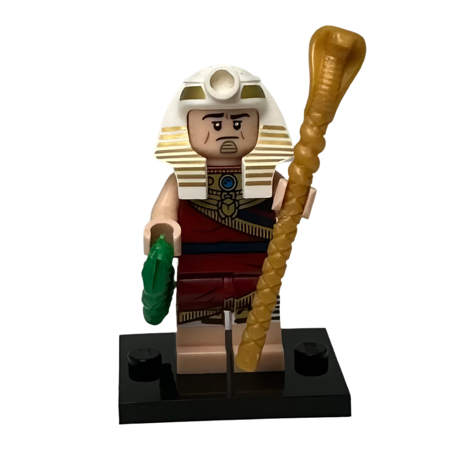 LEGO figure of an Egyptian pharaoh with a staff and snake