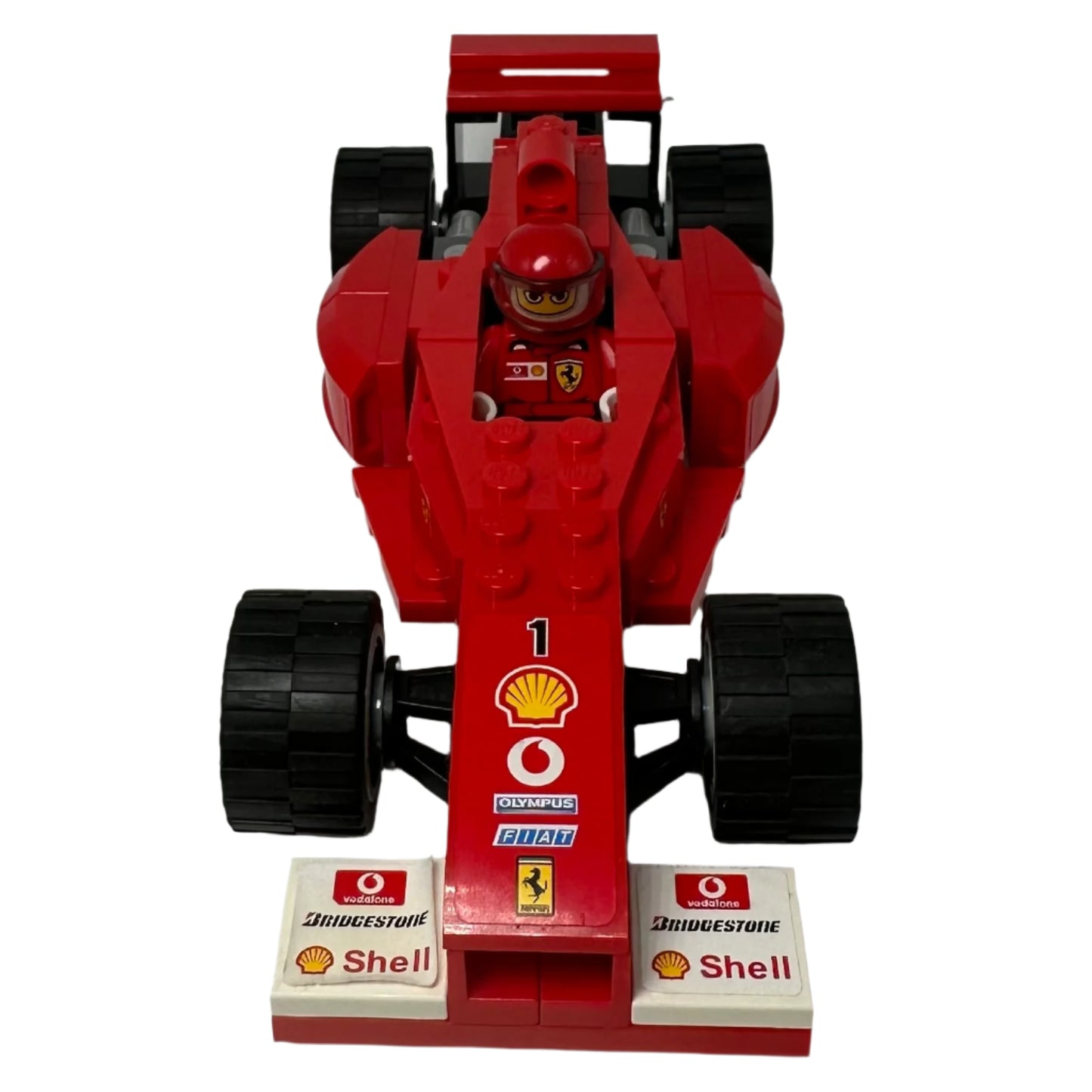 Red Lego Formula 1 car with branding