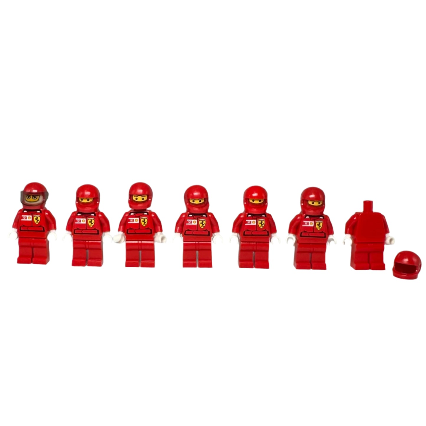 Row of red LEGO minifigures with a helmet