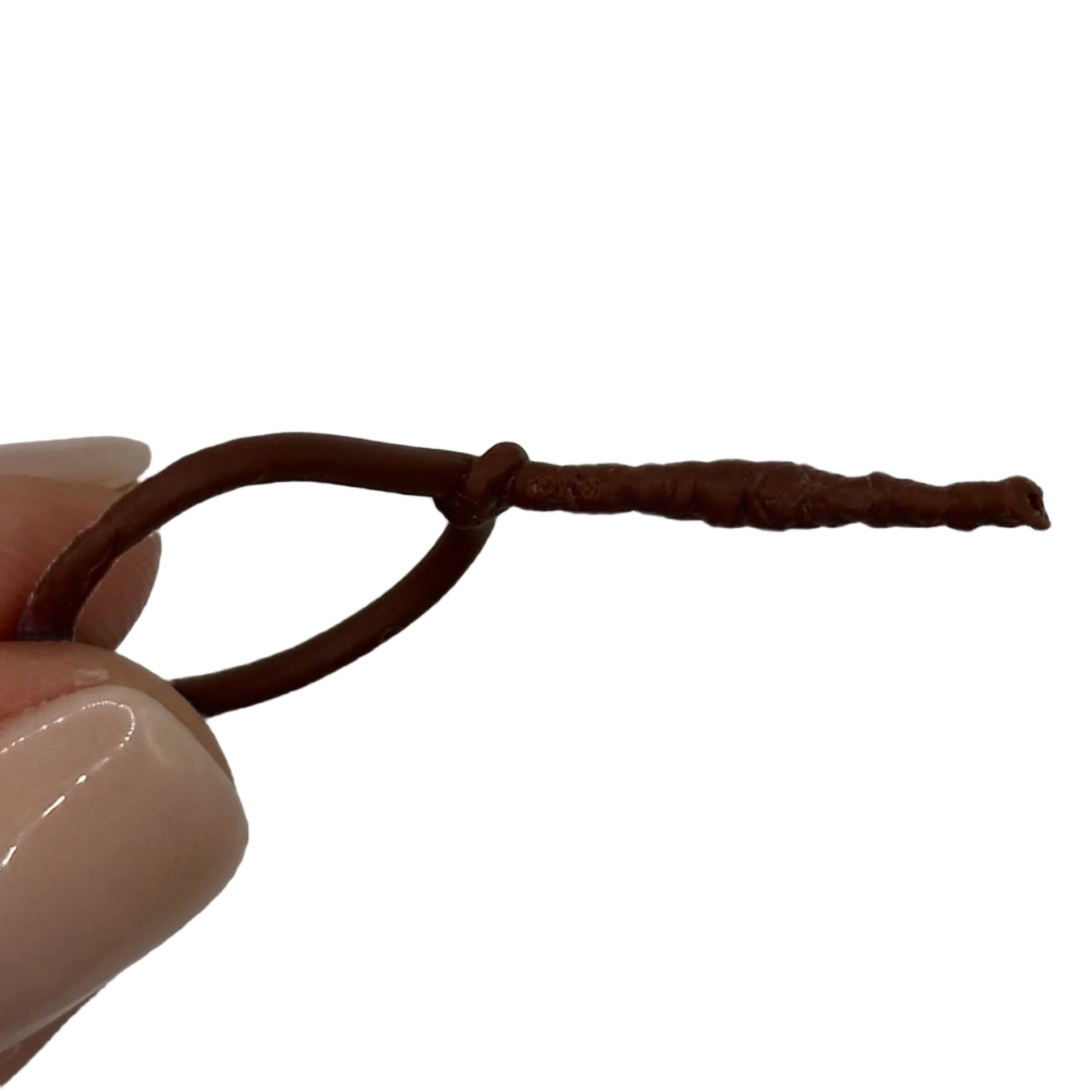 Hand holding a small brown twig against a plain background