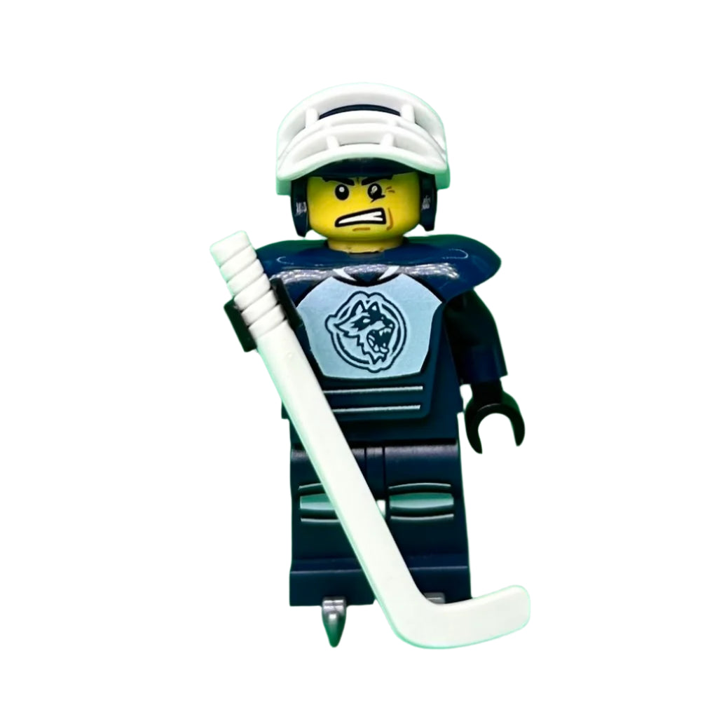 LEGO hockey player figure with helmet, jersey