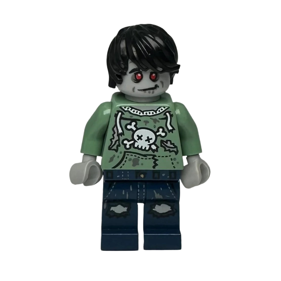 LEGO minifigure with a zombie design wearing a green sweater with a skull pattern