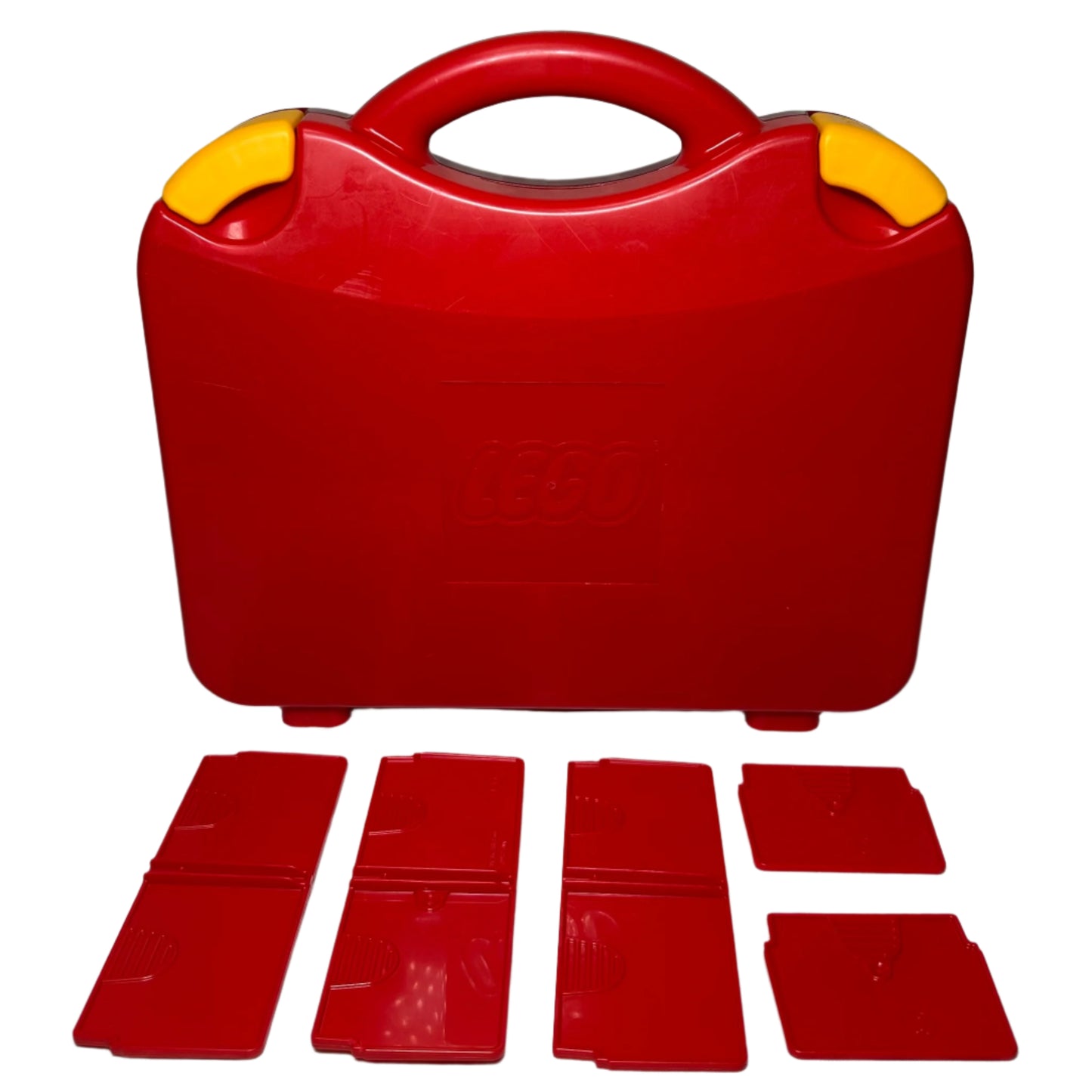 Red LEGO suitcase with yellow handles