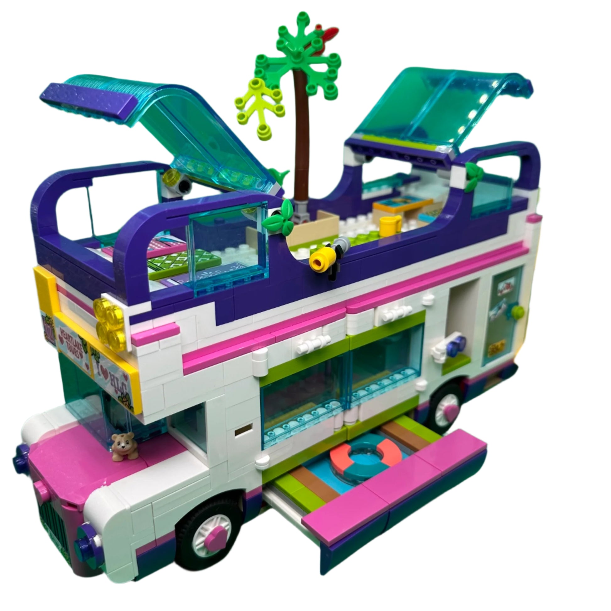 Toy bus with colourful roof and open doors