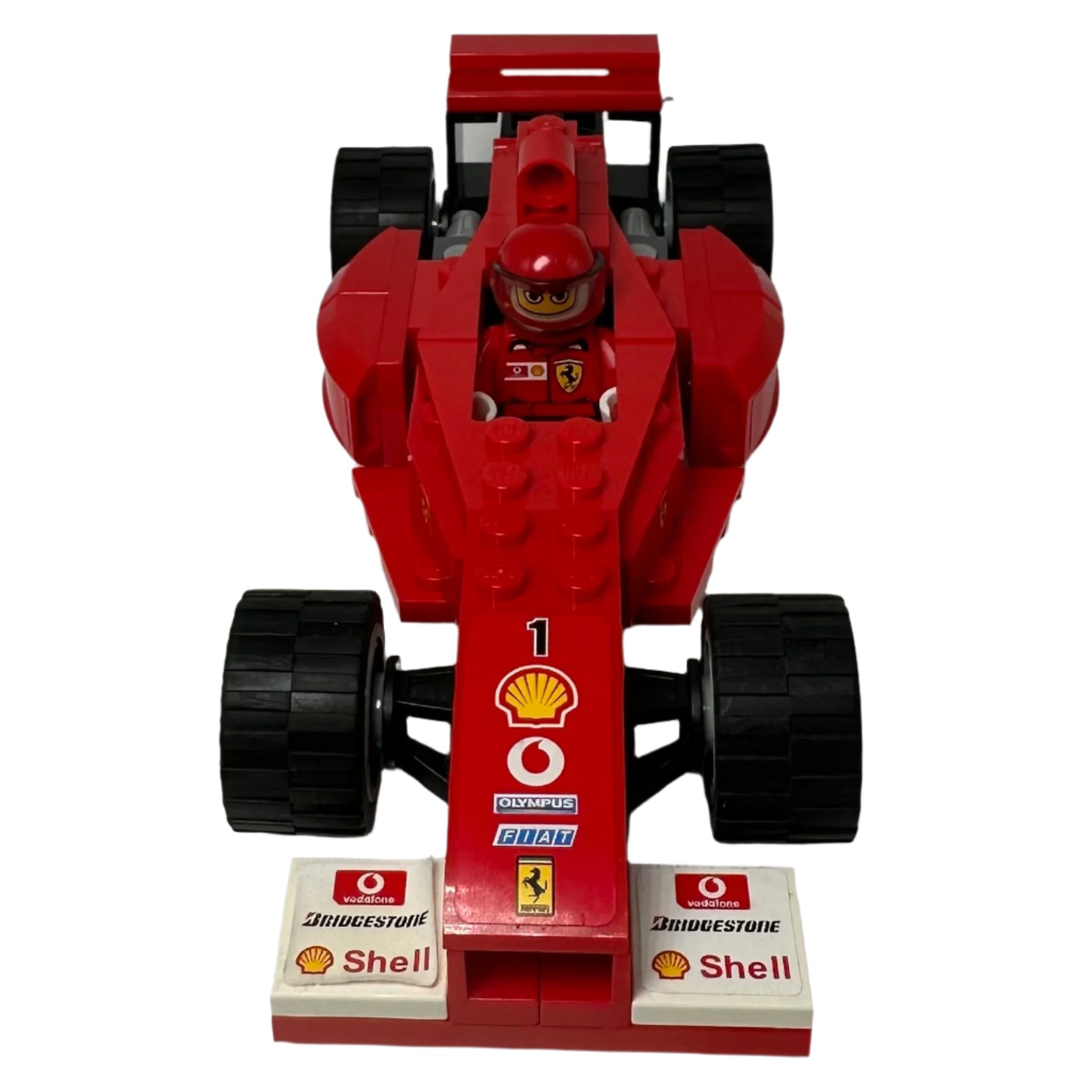 Red Lego Formula 1 car with branding