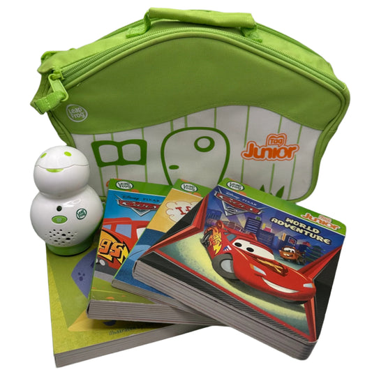 Green LeapFrog bag with children's books and a white toy