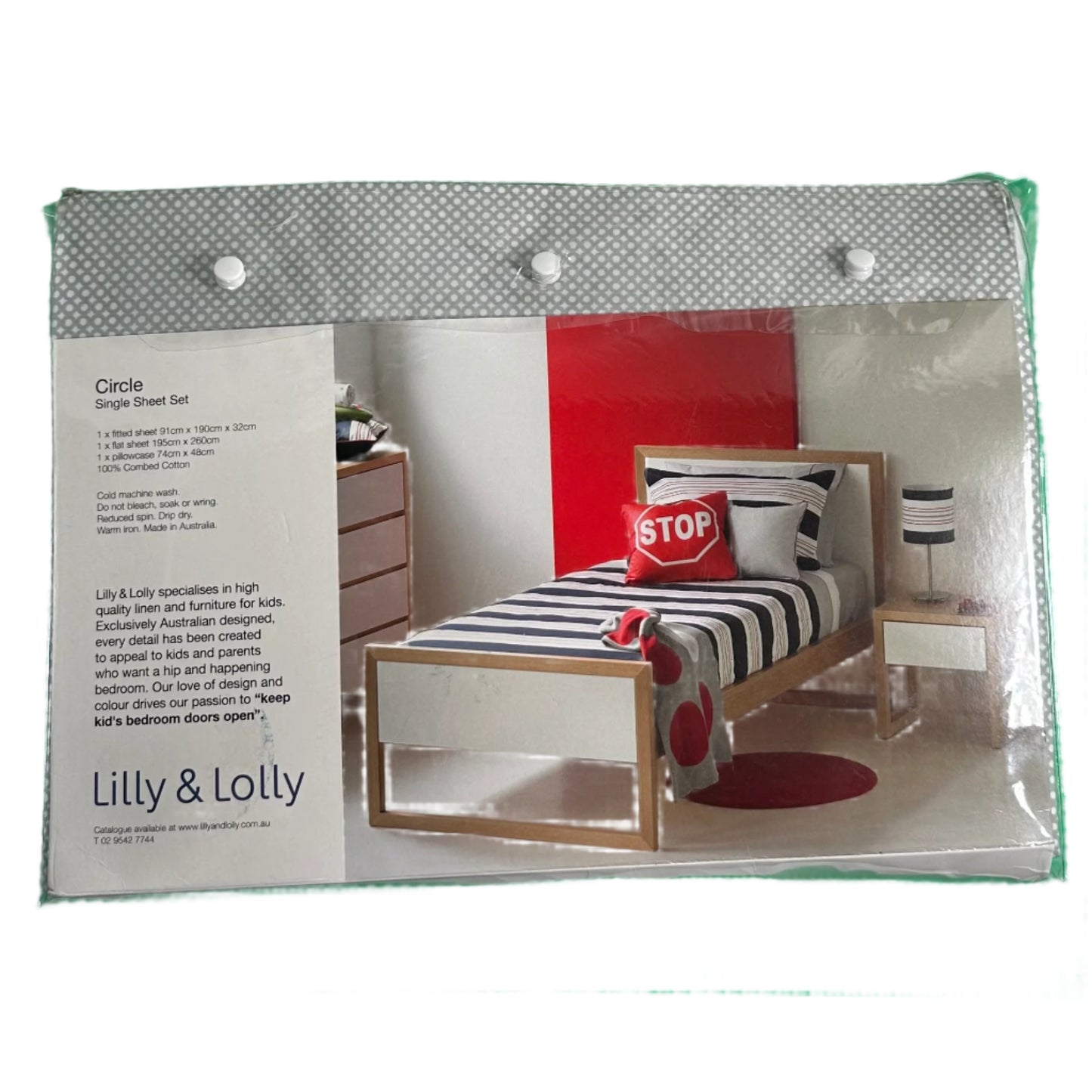 Packaged bed sheet set with a bed and pillow in a room setting, featuring the brand 'Lilly & Lolly'.