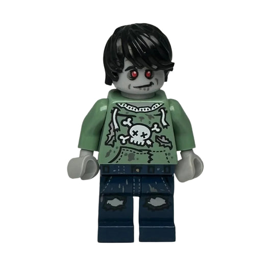 LEGO minifigure with a zombie design wearing a green sweater with a skull pattern
