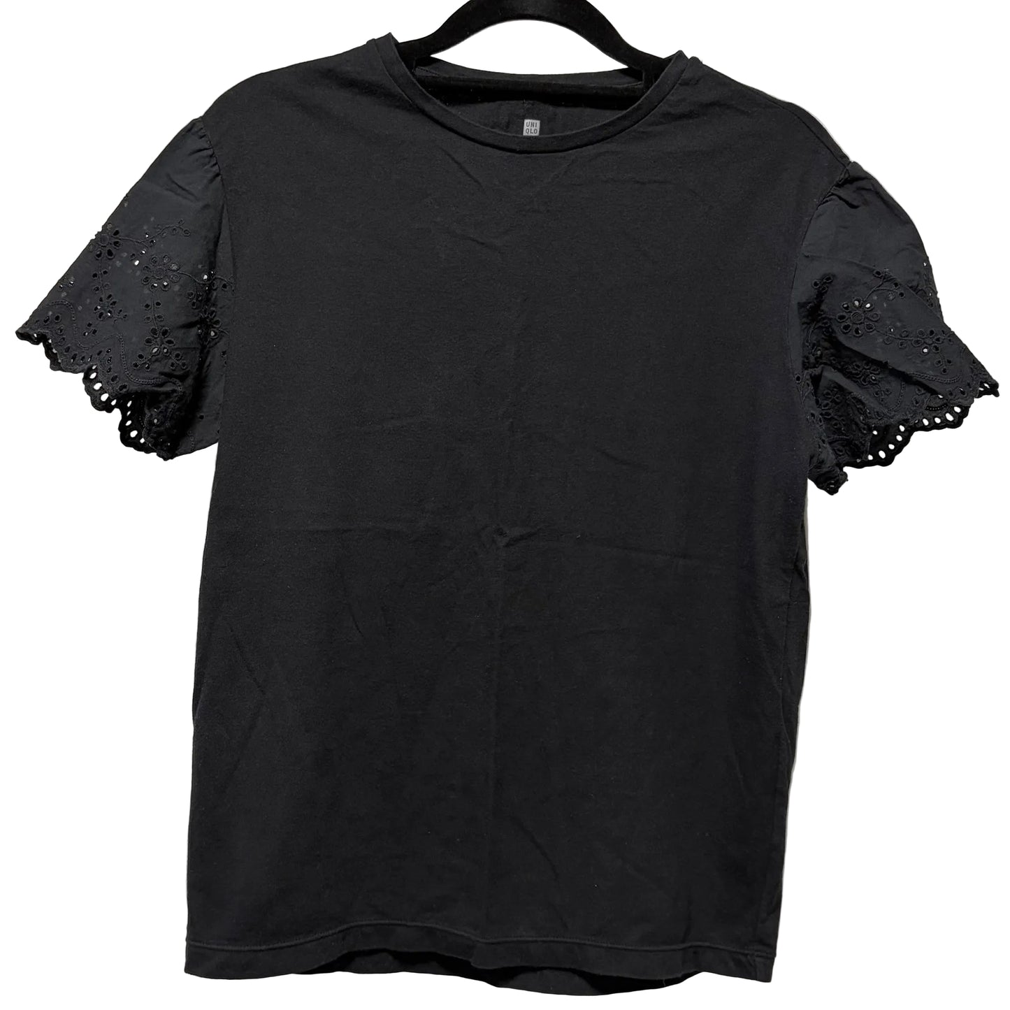 Uniqlo Girls Black T-shirt with Broderie Anglaise Sleeves Size 13