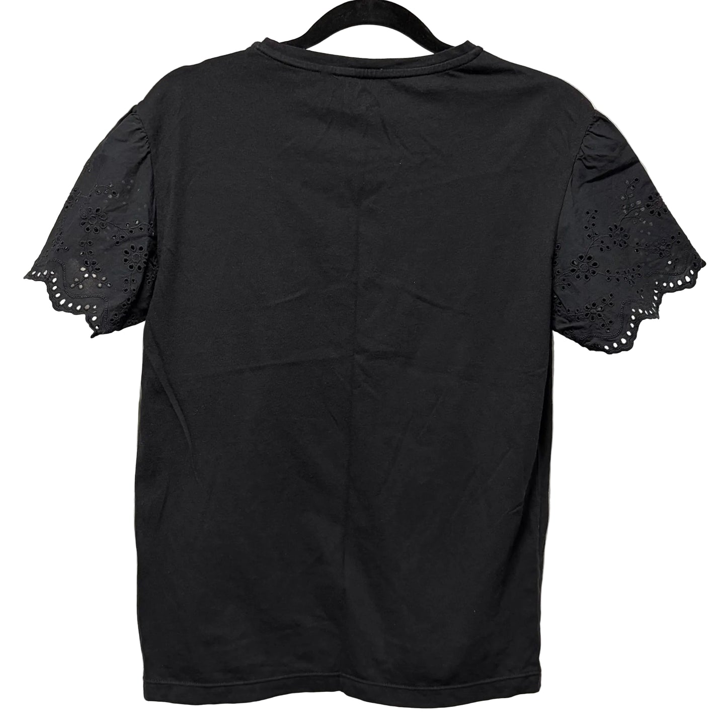 Uniqlo Girls Black T-shirt with Broderie Anglaise Sleeves Size 13