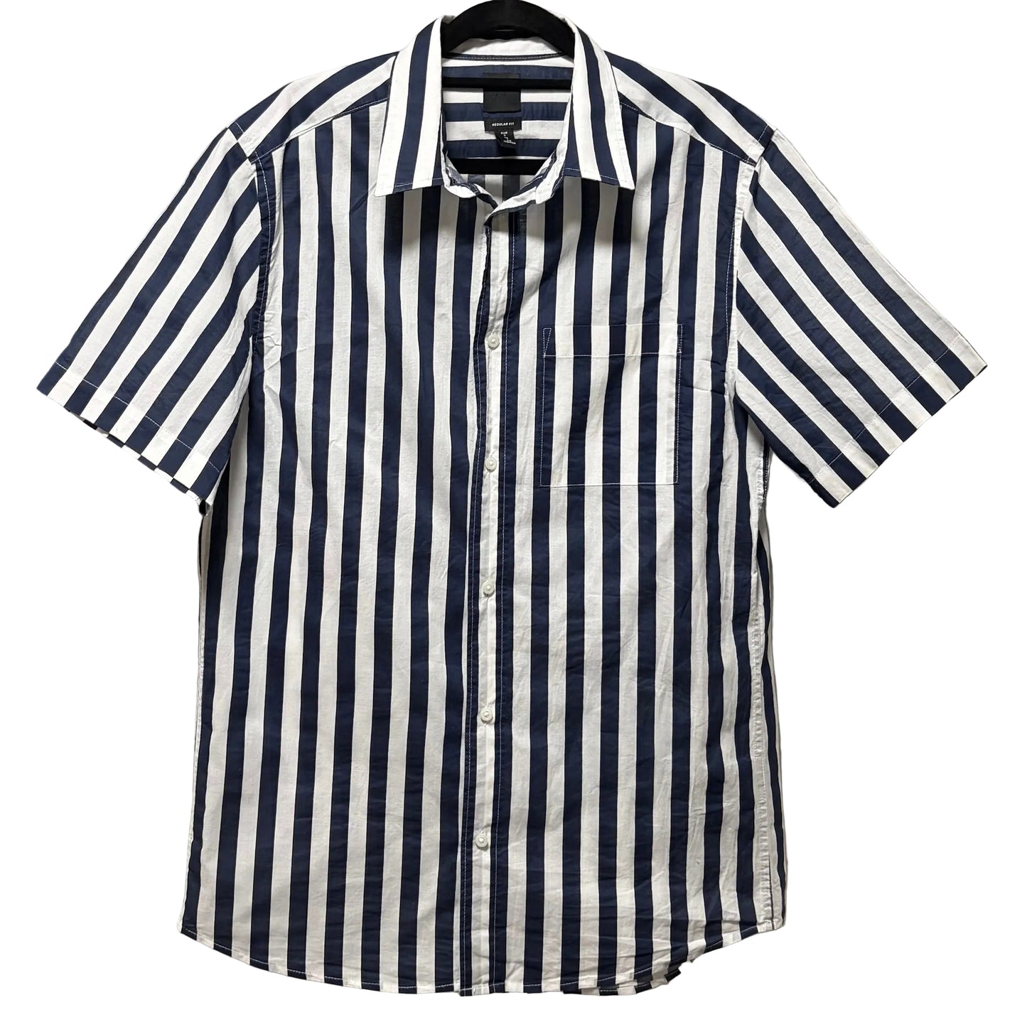 H&M Men's Navy Blue & White Stripe Regular Fit Short Sleeve Shirt