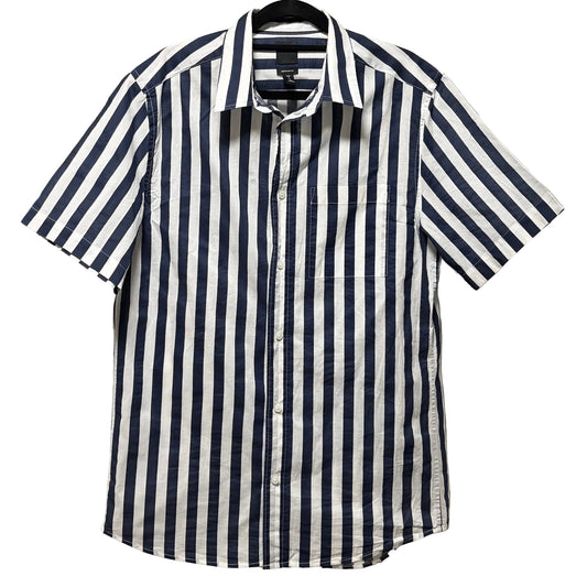 H&M Men's Navy Blue & White Stripe Regular Fit Short Sleeve Shirt