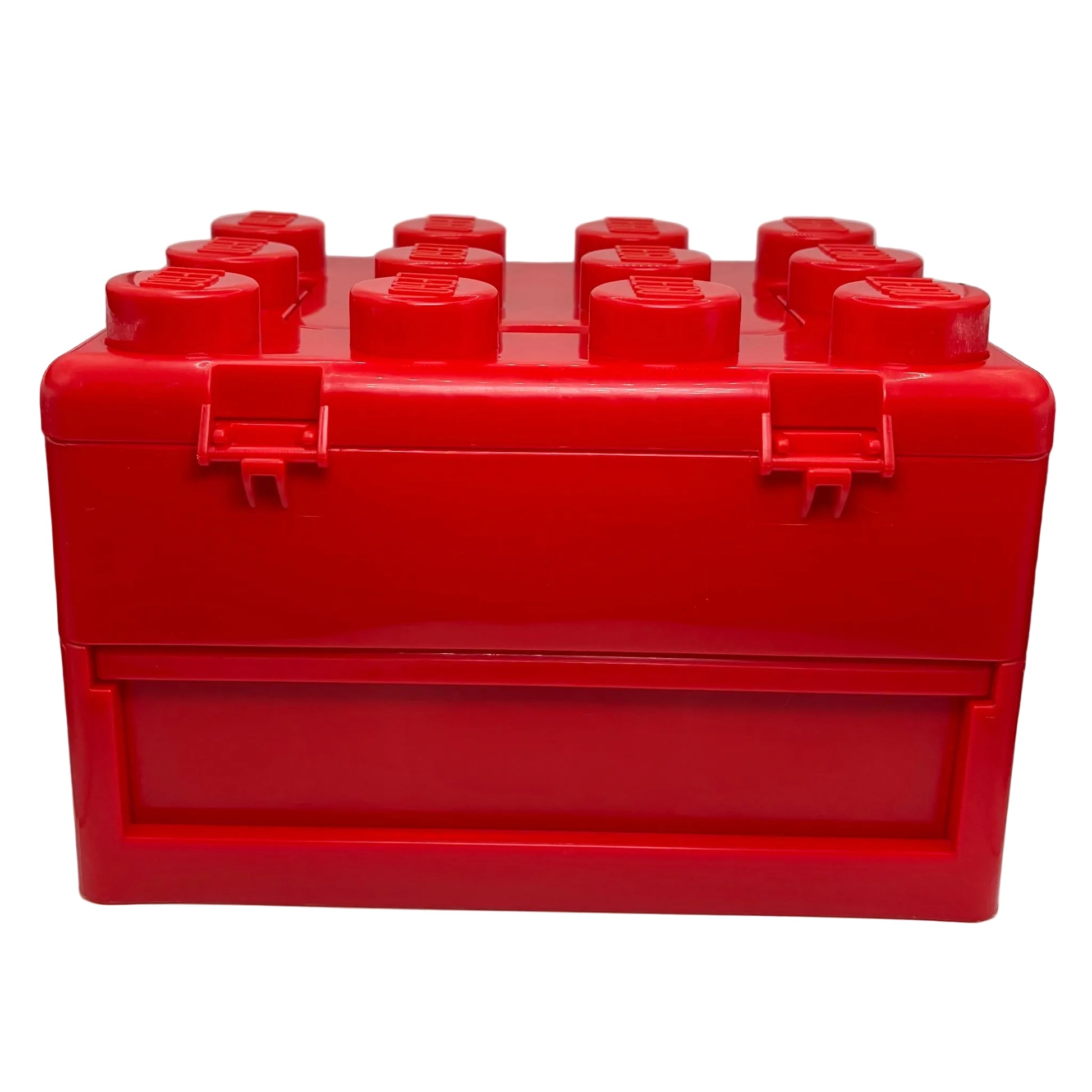 Red storage box with lego block design on a white background